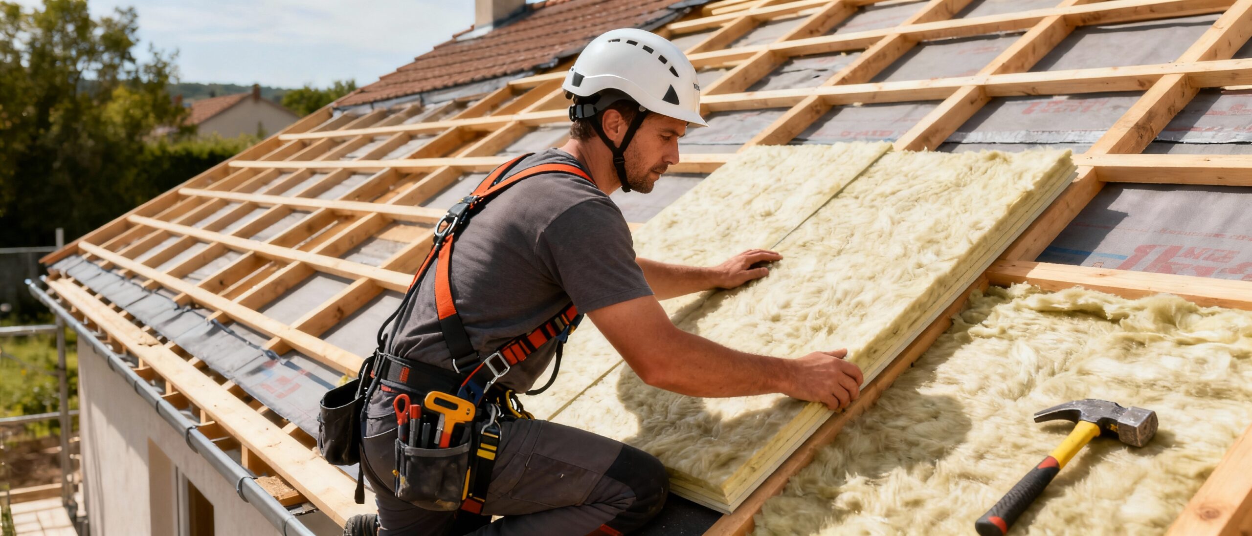 Artisan couvreur RGE installant l'isolation thermique d'une toiture par l'extérieur